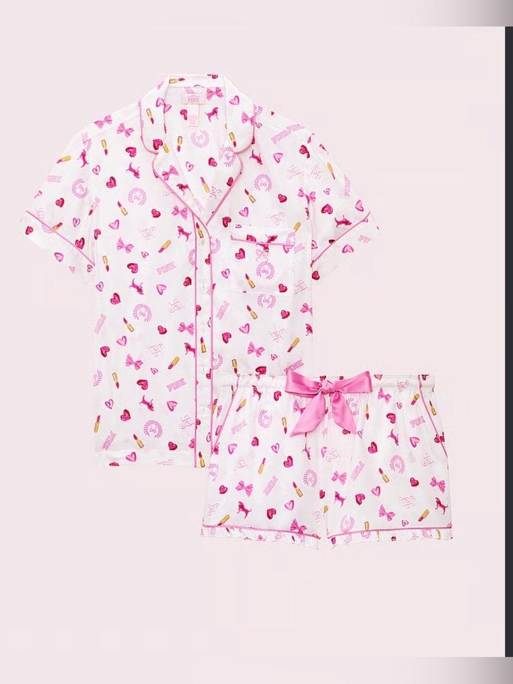 PINK Victoria's Secret White & Pink Heart Print Short Pajama Set